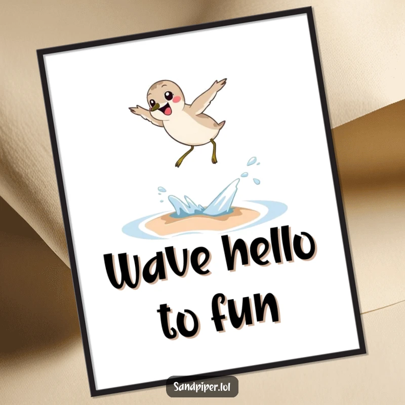 Funny Free Printable Sandpiper Wall Art: A sandpiper caught in a moment of pure joy, leaping over a small wave.