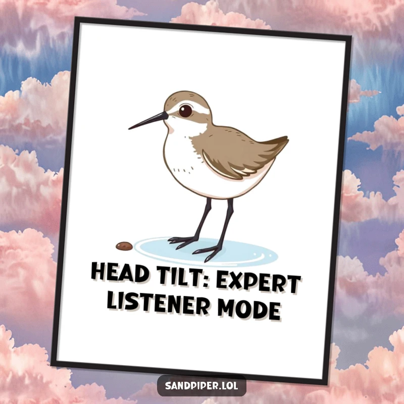 Funny Free Printable Wall Art: Adorable sandpiper with its head tilted, listening intently to the sounds of the beach.