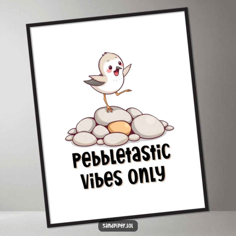 Funny Free Printable Wall Art capturing a sandpiper bird hopping gleefully over smooth pebbles, adding coastal charm.