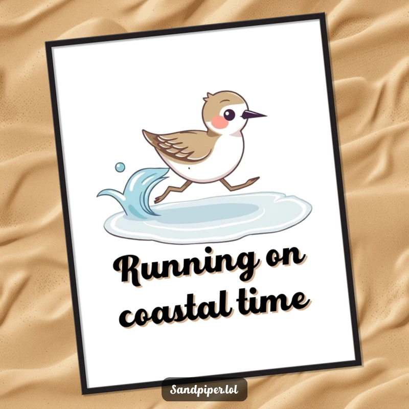 Funny Free Printable Wall Art: A sandpiper bird running with surprising speed alongside a gentle, rolling ocean wave, beach art.