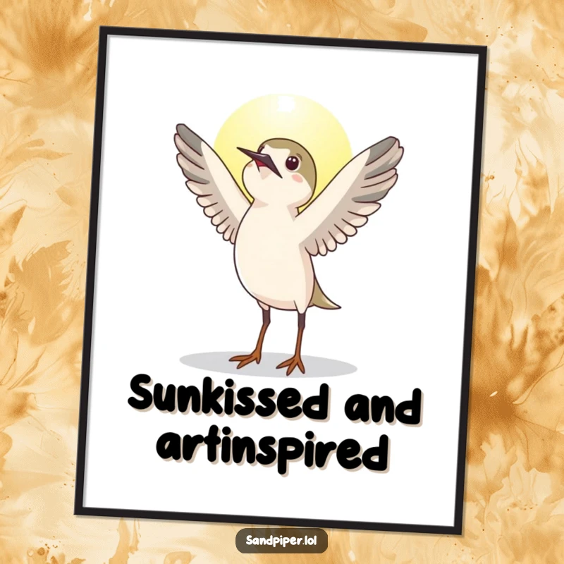 Funny Free Printable Wall Art depicting a sandpiper bird stretching its wings to greet the sun, adding cheerful coastal vibes.