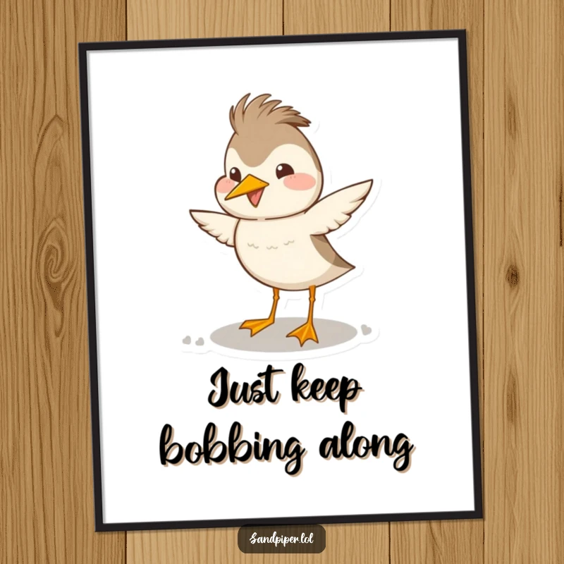 Funny free printable wall art of a sandpiper doing a happy, exaggerated head bob, joyful downloadable decor.
