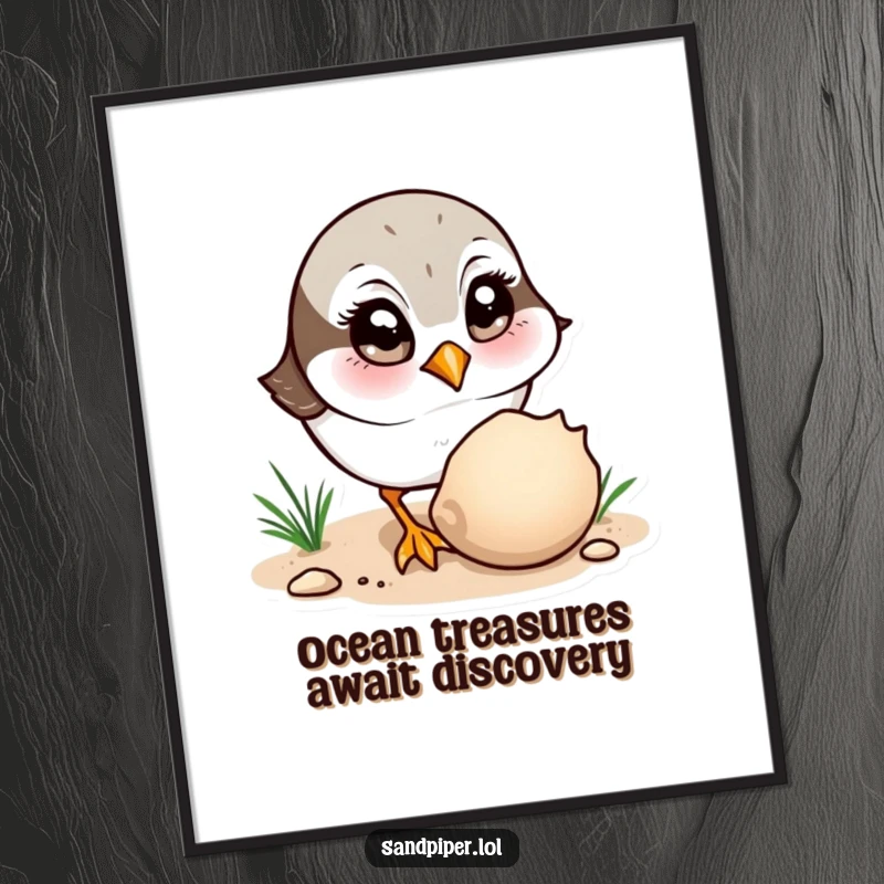 Funny Free Printable Wall Art: Sandpiper character with wide eyes, curiously observing a seashell on the beach.