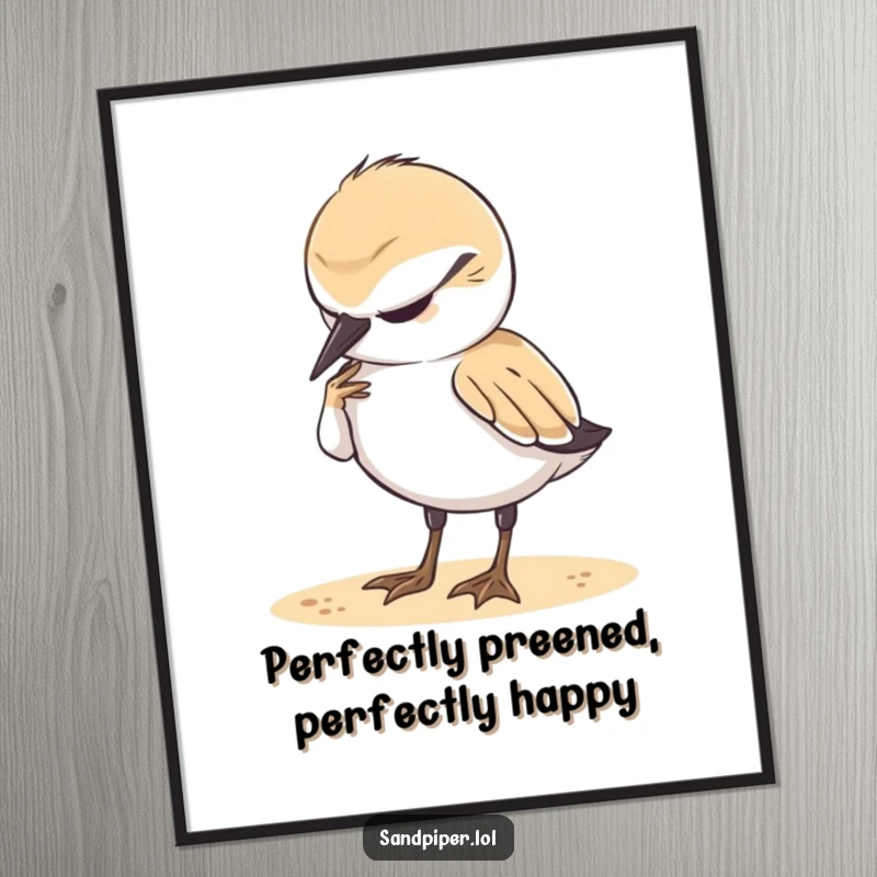 Funny Free Printable Wall Art: Cute sandpiper contentedly preens its feathers, peaceful coastal artwork.