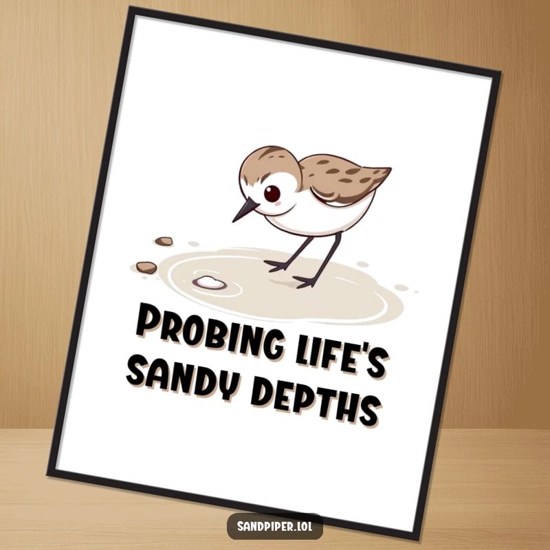 Funny free printable wall art of a determined sandpiper vigorously probing wet sand with a focused expression, symbolizing dedication.