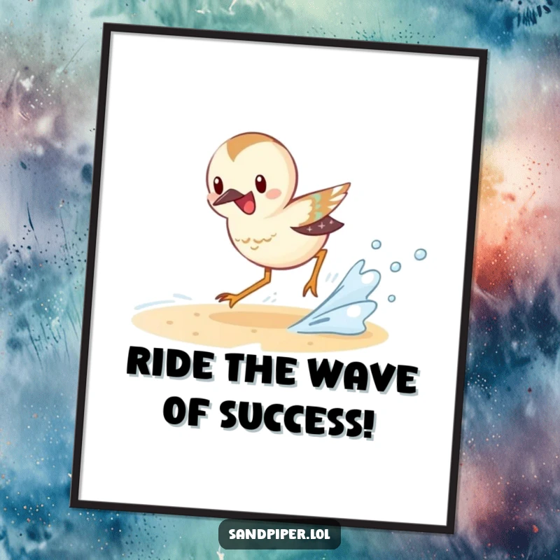 Free Printable Wall Art: Sandpiper character excitedly chasing a small wave, capturing beach motion.