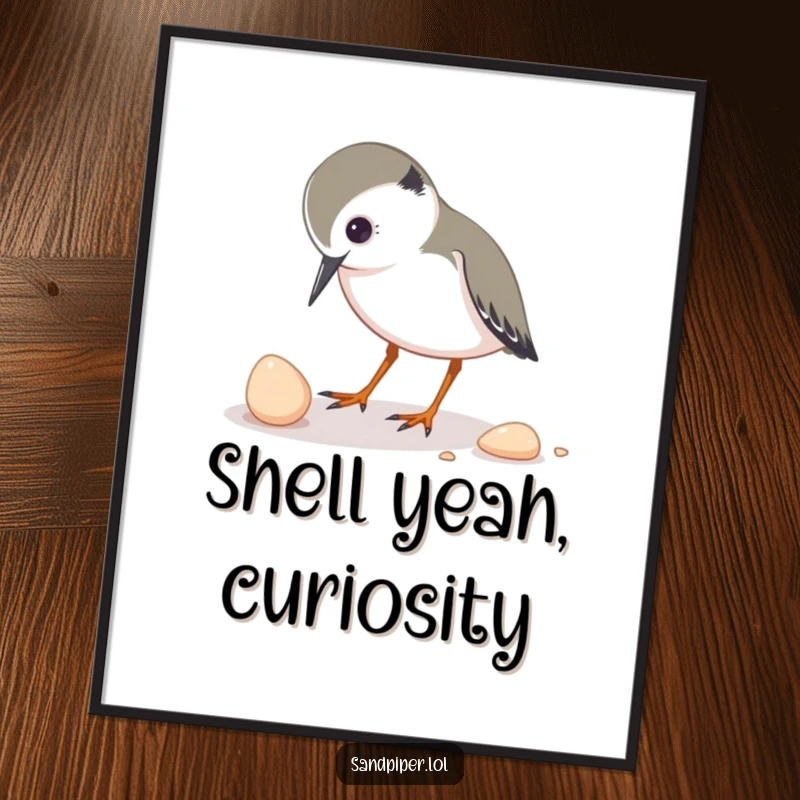 Funny Free Printable Wall Art: A sandpiper character intently pecking at a small shell with curiosity.