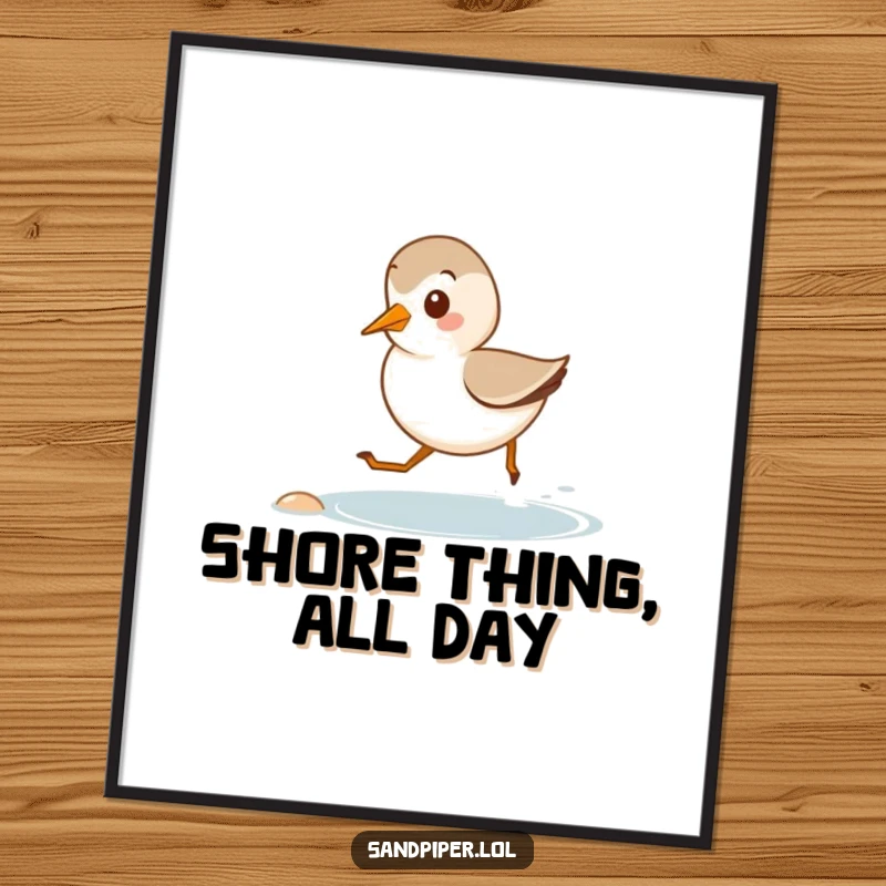 Funny Free Printable Wall Art: A cute sandpiper character captured mid-run, delightedly dashing along a tiny shore.
