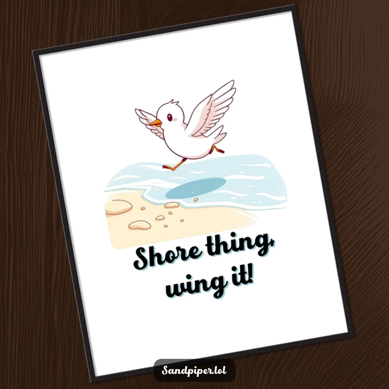 Dynamic Free Printable Wall Art of a cute bird running along the shoreline with wings outstretched, full of life.
