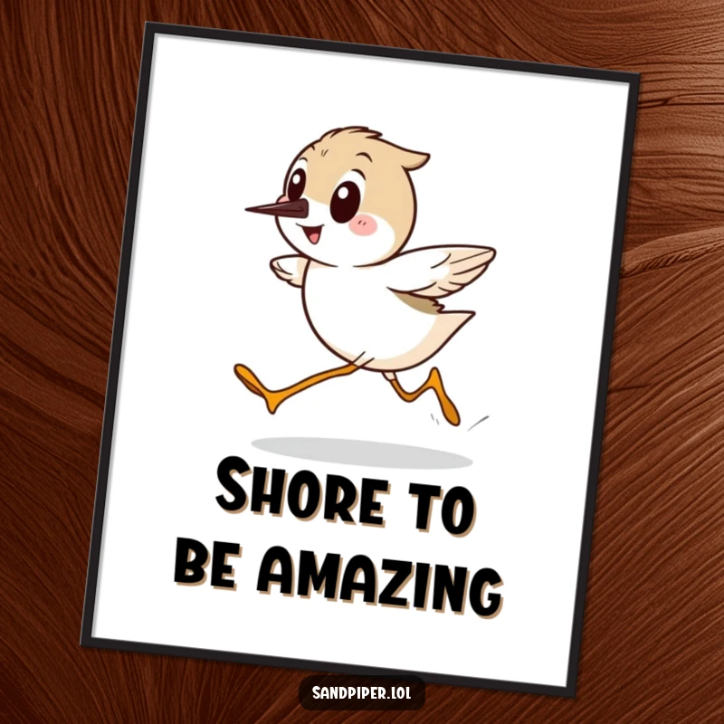 Funny Free Printable Wall Art: A sandpiper character running sideways with energetic speed and a big smile.