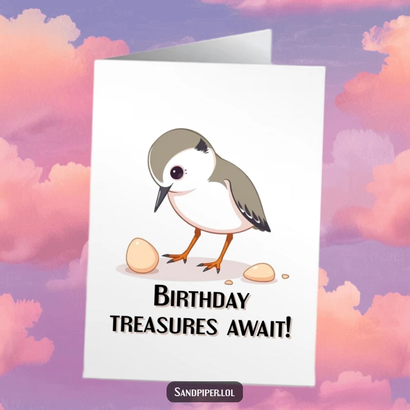 Funny Free Printable Birthday Card: A sandpiper character pecks inquisitively at a small, interesting seashell.
