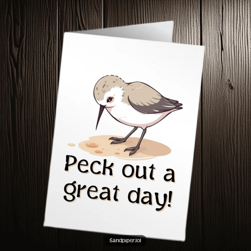 Funny free printable birthday card: A sandpiper character pecks at the ground with intense, playful curiosity.