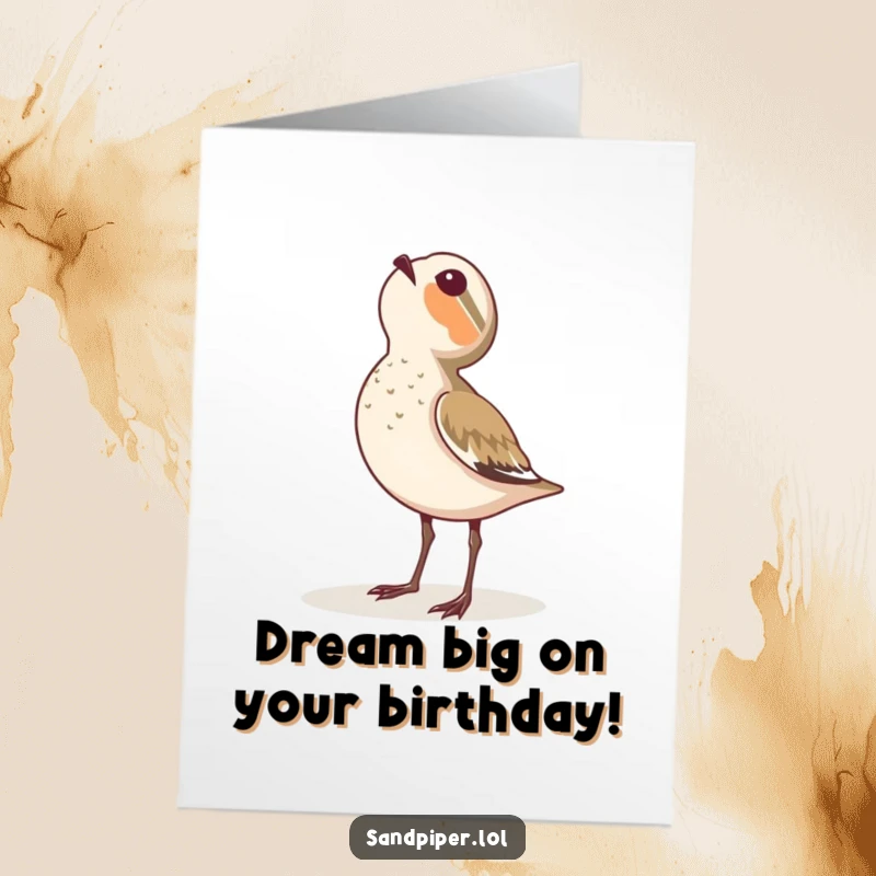 Funny Free Printable Birthday Card: A sandpiper gazing upwards at the sky with a look of pure wonder and curiosity.