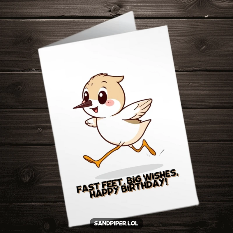 Funny Free Printable Birthday Card: A sandpiper character with a huge smile sprints sideways at lightning speed.