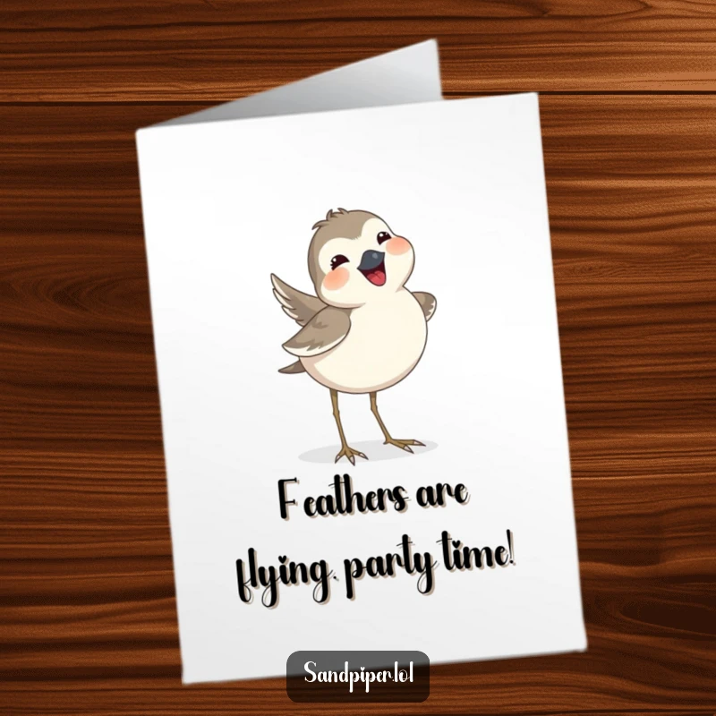 Funny Free Printable Birthday Card: A sandpiper joyfully wags its tail feathers, looking ecstatic. Happy celebration humor.
