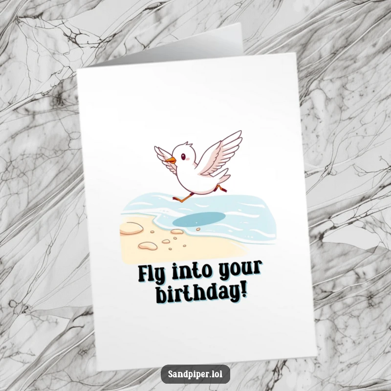 Funny Free Printable Birthday Card featuring a cute bird running energetically on the shore with wings spread wide.
