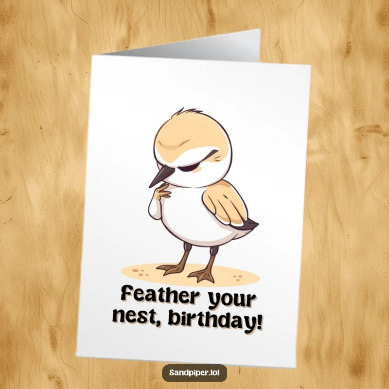Funny Free Printable Birthday Card: Cute sandpiper contentedly preens its feathers, a peaceful birthday message.