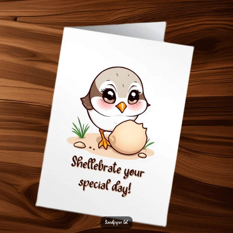 Funny Free Printable Birthday Card: Curious sandpiper character observing a shell with wide eyes, a unique downloadable.