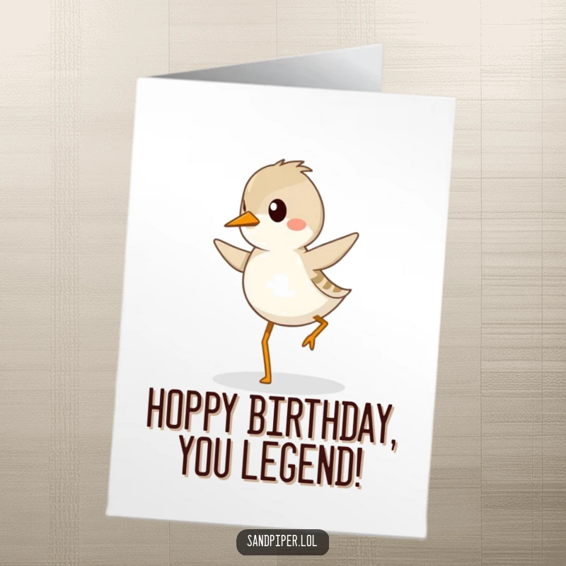 Funny Free Printable Birthday Card: Sandpiper hopping with determination for a joyful celebration, downloadable gift.