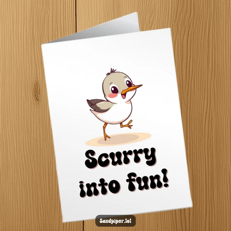 Funny Free Printable Birthday Card: A sandpiper character does a comical sideways scurry, bringing playful birthday wishes.
