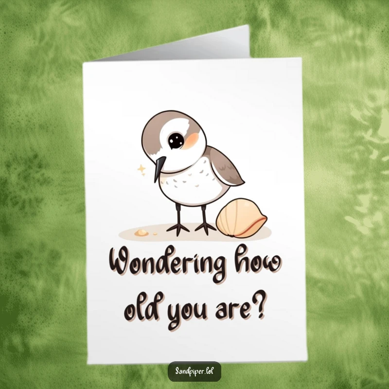 Funny Free Printable Sandpiper Birthday Card: A curious sandpiper tilts its head, inspecting a shell with interest.