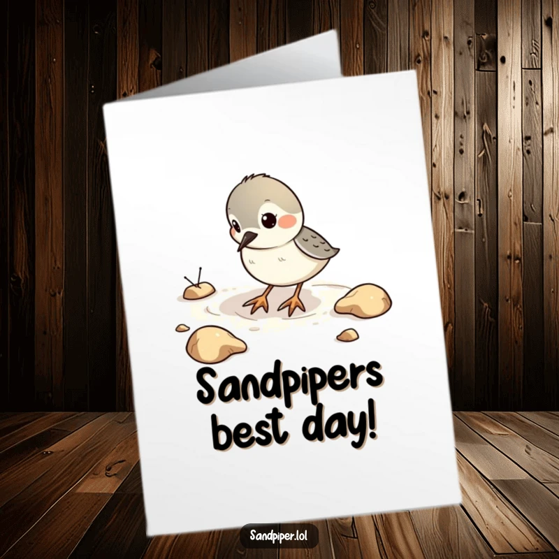 Funny Free Printable Birthday Card showing a sandpiper character playfully digging in imaginary sand with enthusiasm.