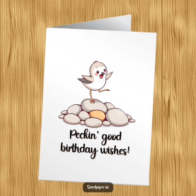 Funny Free Printable Birthday Card depicting an excited sandpiper bird hopping over smooth pebbles, celebrating a birthday.