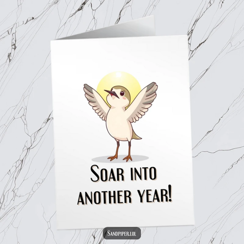 Funny Free Printable Birthday Card showing a sandpiper bird stretching its wings upwards in a sunny greeting, perfect for birthdays.