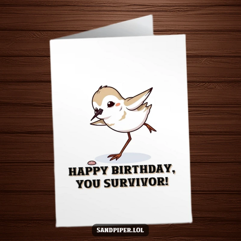 Funny Free Printable Birthday Card capturing a sandpiper comically tripping but instantly regaining its balance with a surprised look.