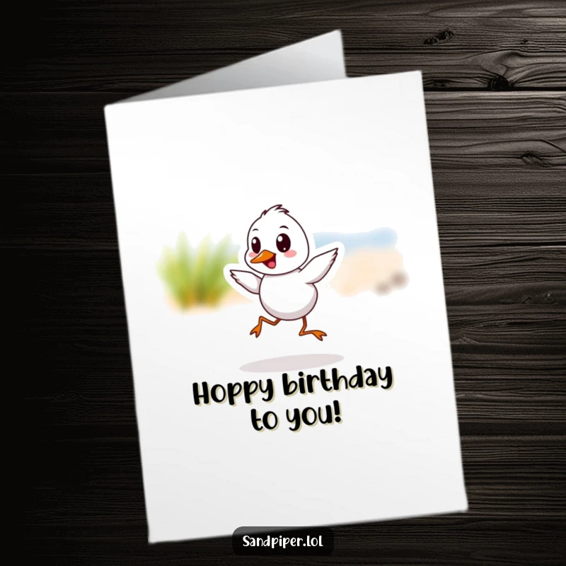 Funny Free Printable Birthday Card: A cheerful sandpiper character caught mid-hop, radiating pure, unadulterated joy and birthday enthusiasm.
