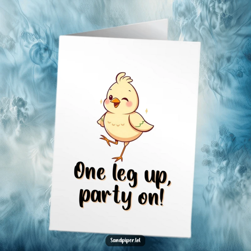 Funny Free Printable Birthday Card featuring a cheerful bird balancing perfectly on one leg, radiating pure contentment.