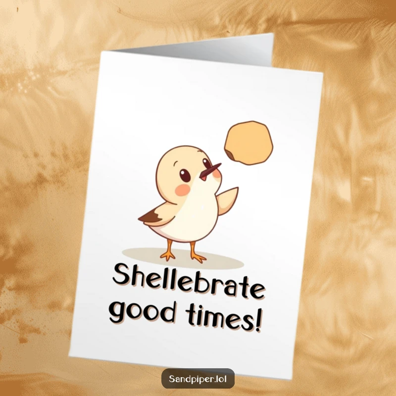 Funny Free Printable Birthday Card: Cute sandpiper looks surprised discovering a floating seashell, a beachy birthday wish.