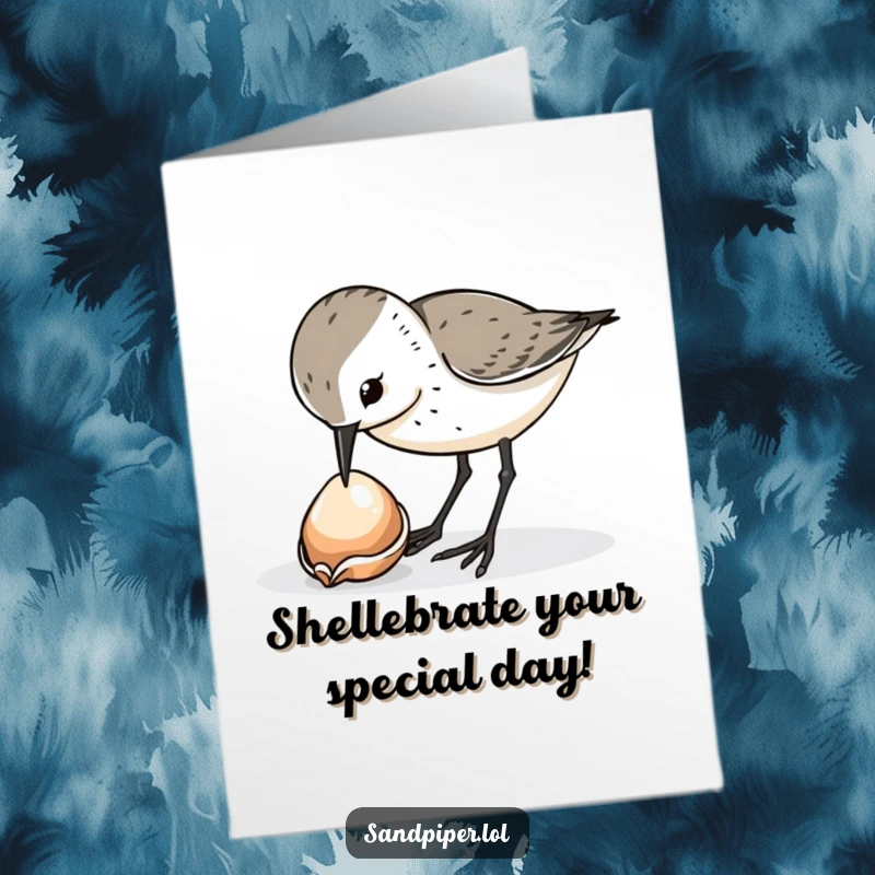 Funny Free Printable Birthday Card featuring a curious sandpiper bird pecking at a shiny shell, ready to celebrate.