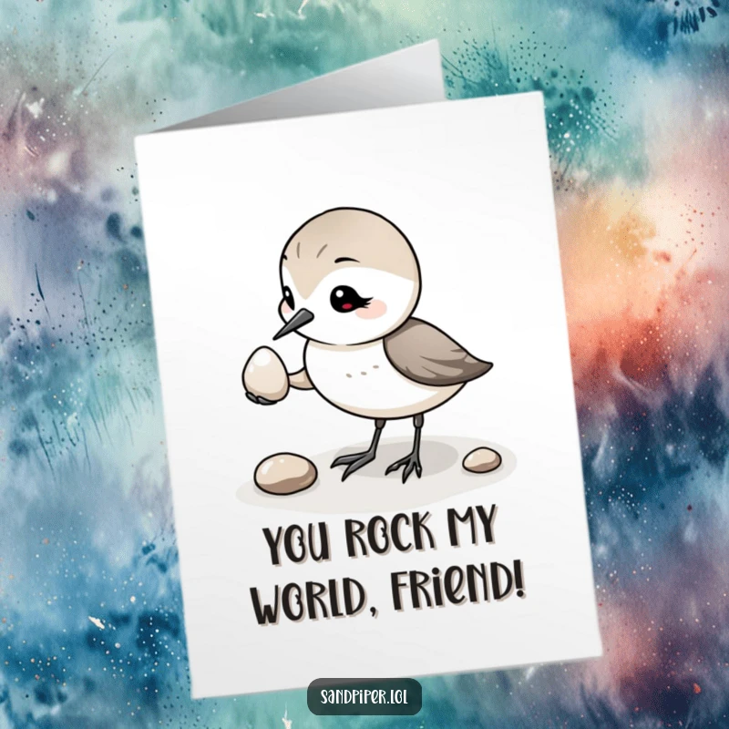 Funny Free Printable Birthday Card: Gentle sandpiper presenting a shiny pebble, offering a small, heartfelt gift and birthday wishes.