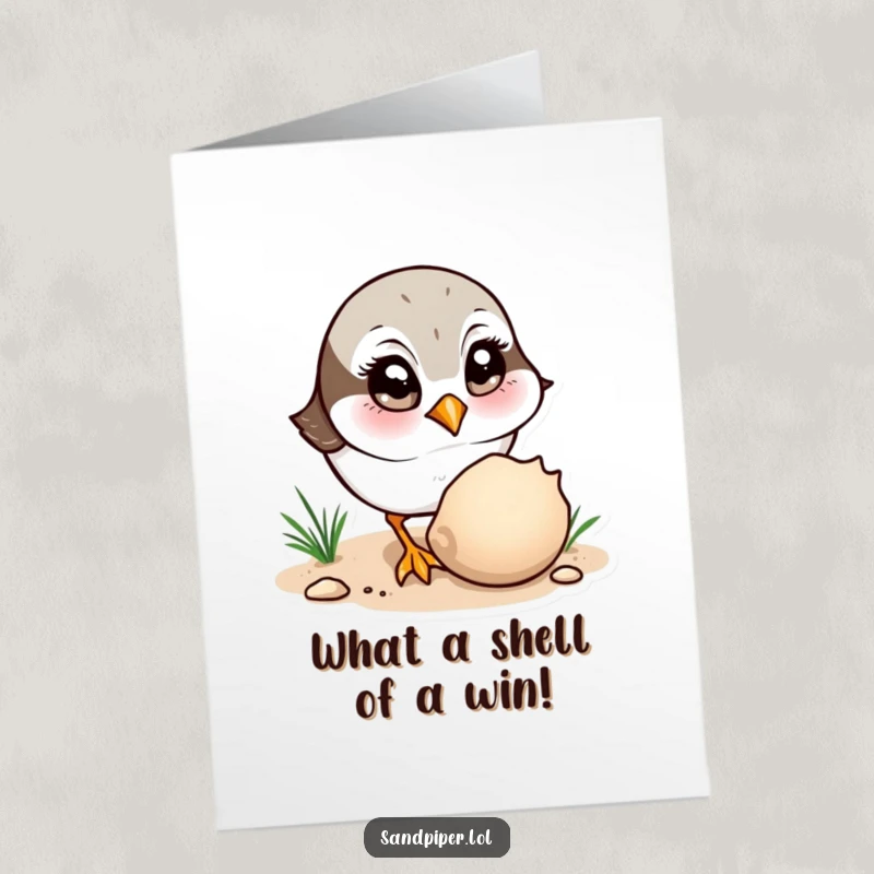 Funny Free Printable Congratulations Card: Curious sandpiper character observing a shell with wide eyes, a thoughtful downloadable.