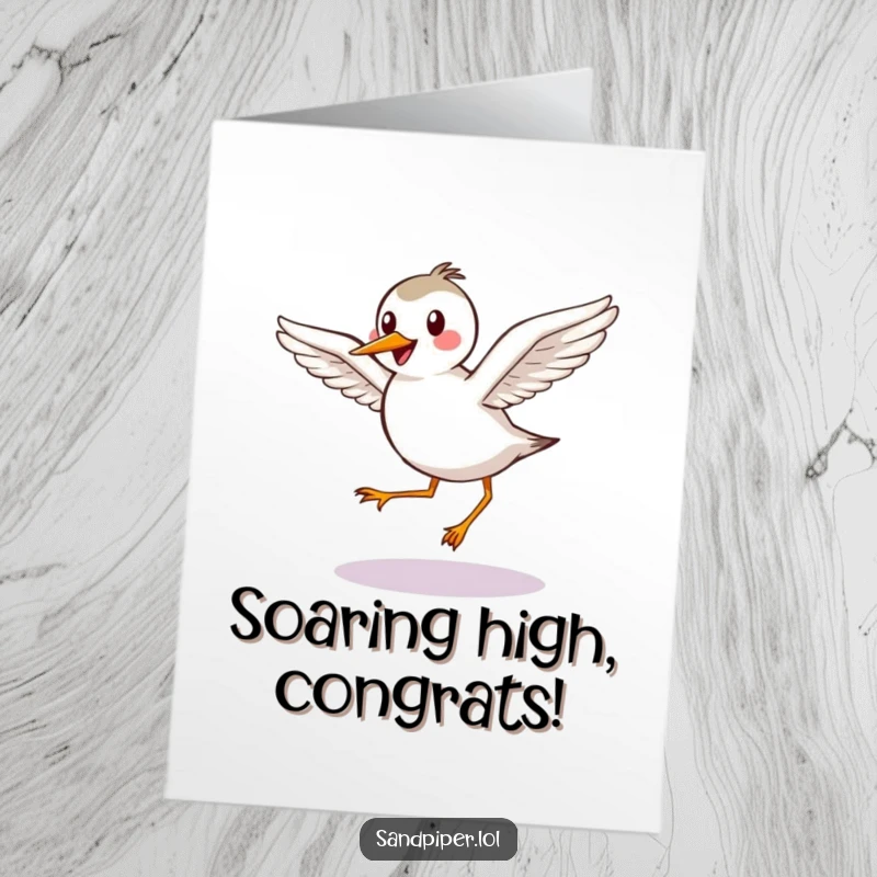 Free printable congratulations card featuring a happy sandpiper with outstretched wings performing a graceful hop, celebrating a wonderful achievement.