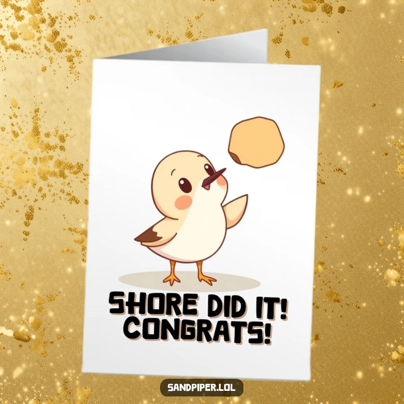 Funny Free Printable Congrats Card: Cute sandpiper surprised by a floating seashell, celebrating a wonderful discovery.