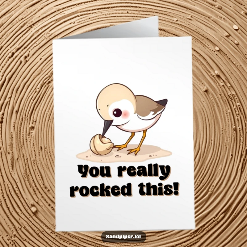 Funny free printable congratulations card with a sandpiper curiously pecking a shell, perfect for celebrating any success, downloadable.