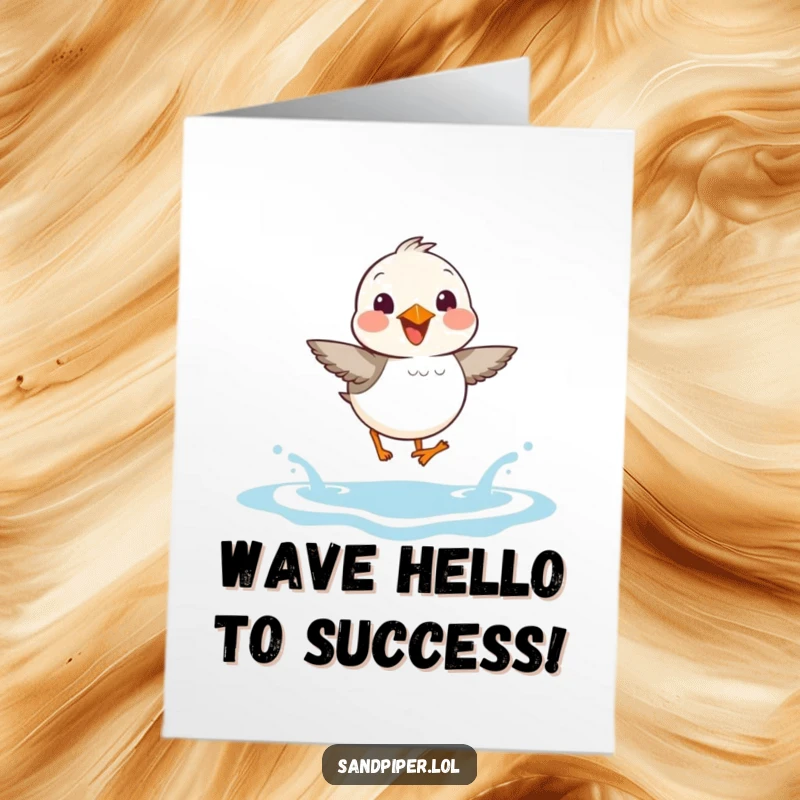 Funny Free Printable Sandpiper Congratulations Card: A sandpiper joyfully hops over waves, celebrating your fantastic achievement.
