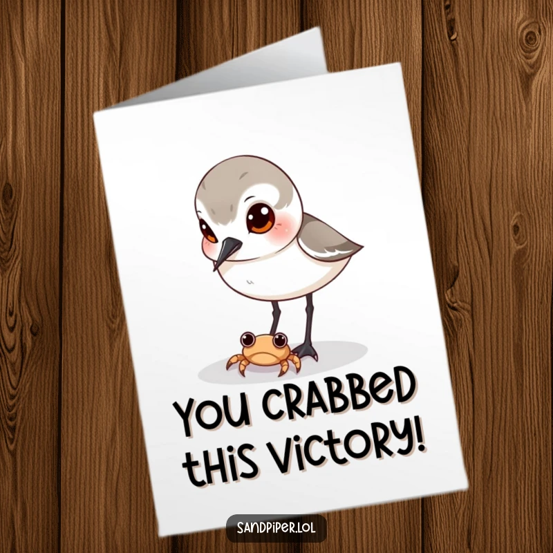 Funny Free Printable Sandpiper Congratulations Card: A sandpiper curiously observing a tiny crab, perfect for celebrating any win.