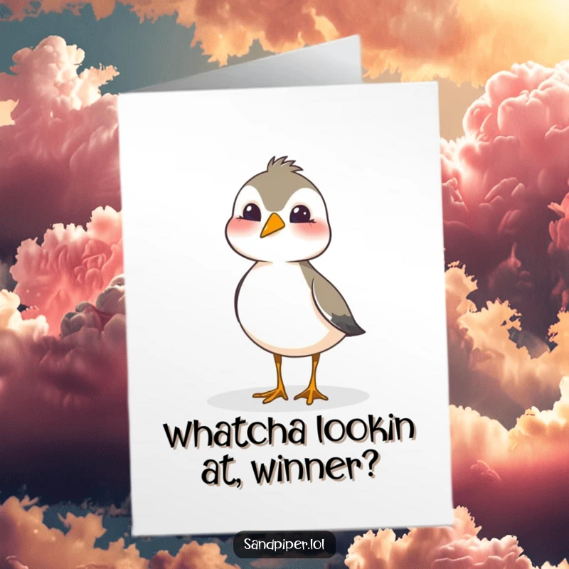 Funny Free Printable Congrats Card: Sandpiper playfully tilting head, showing curiosity and interest, unique downloadable.