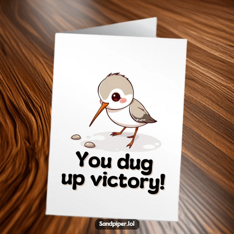 Free Printable Congratulations Card: Sandpiper character playfully digging its thin beak, searching for rewards.