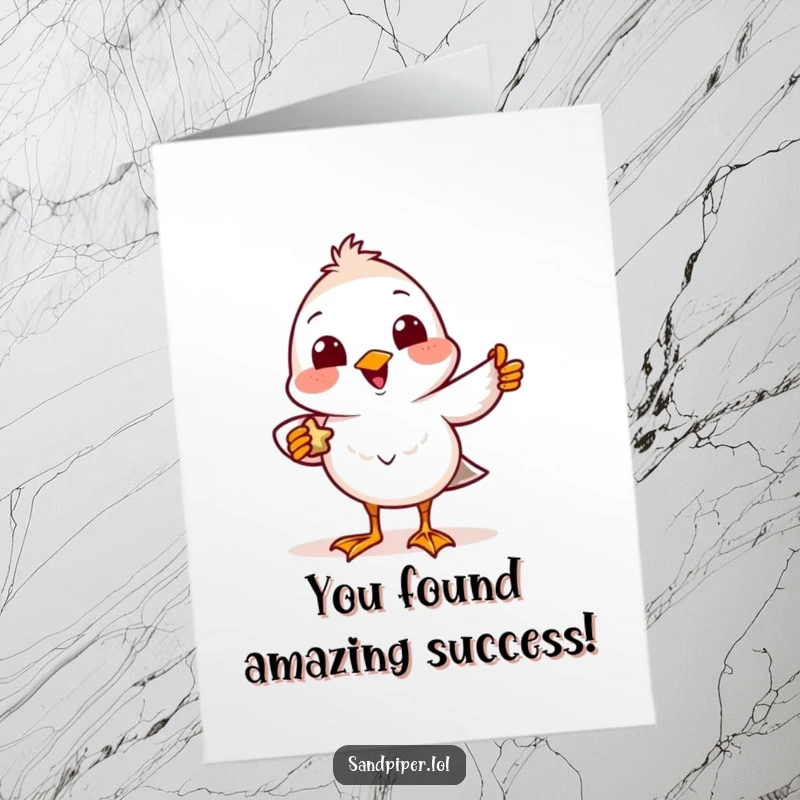Funny Free Printable Sandpiper Congratulations Card: A happy sandpiper with a big smile shows off a tiny found treasure, celebrating success.