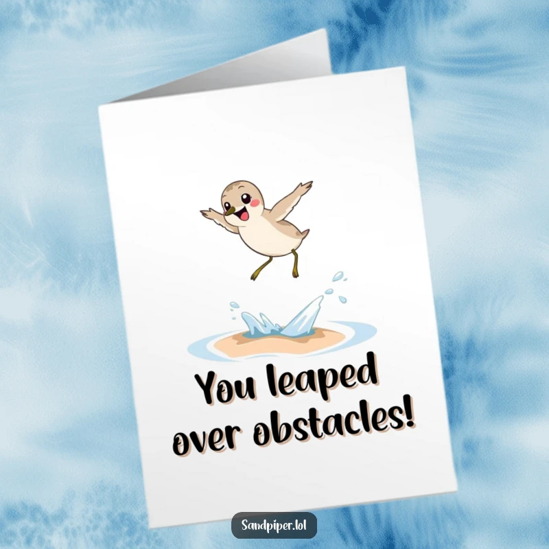 Funny Free Printable Sandpiper Congratulations Card: A sandpiper in a dynamic, joyful leap over a small breaking wave.