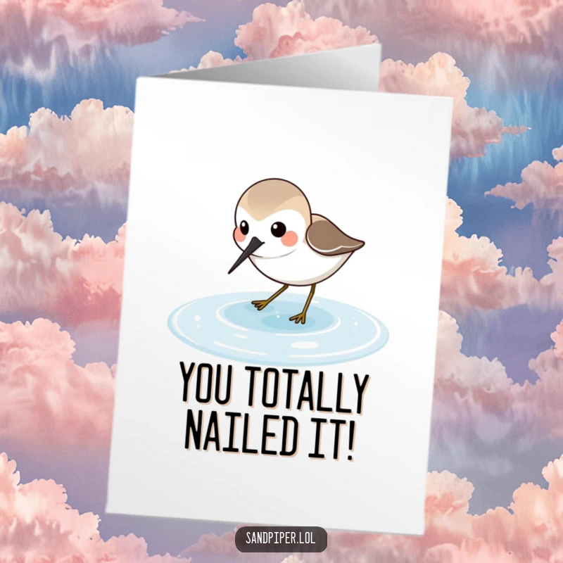 Free Printable Congratulations Card: Sandpiper character joyfully probing in shallow water, celebrating success.