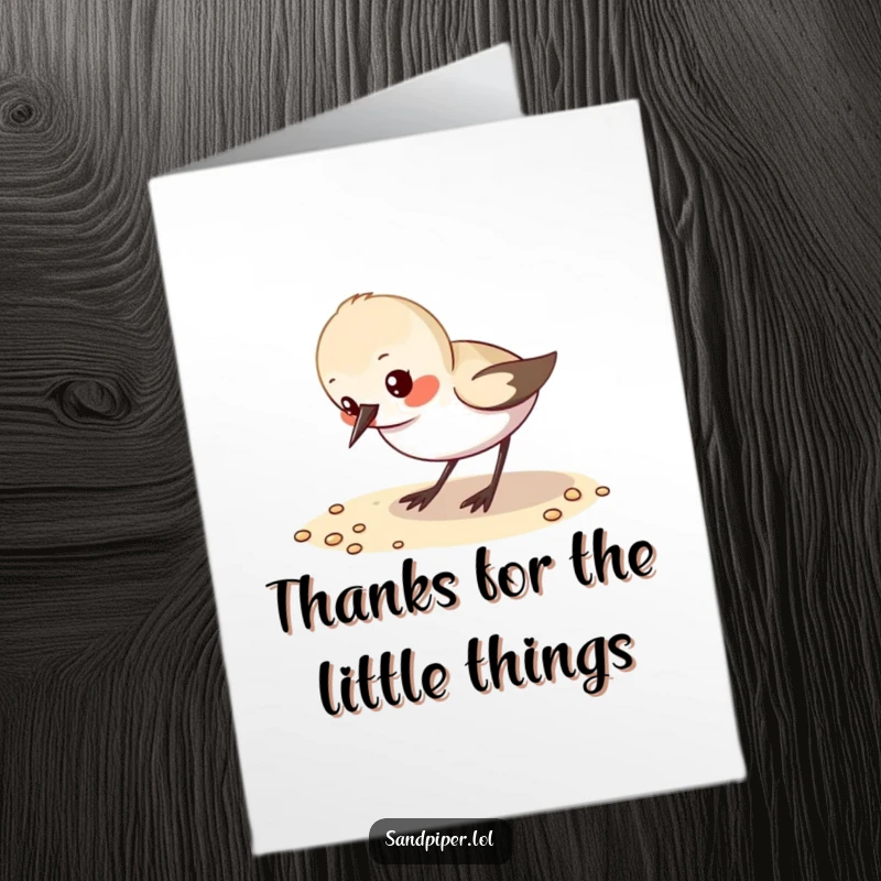 Funny Free Printable Thank You Card: Small sandpiper character excitedly pecking sand, conveying gratitude with downloadable cheer.