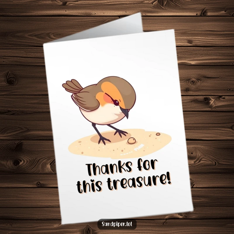 Thoughtful Free Printable Thank You Card of a bird intently pecking at a tiny object on the sand.