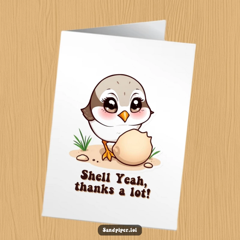 Funny Free Printable Thank You Card: Curious sandpiper character observing a shell with wide eyes, a sweet downloadable.