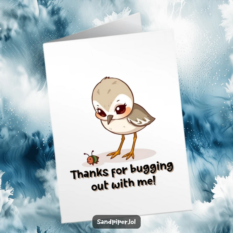 Funny Free Printable Thank You Card: Cute sandpiper with a determined look pecks at a small insect.