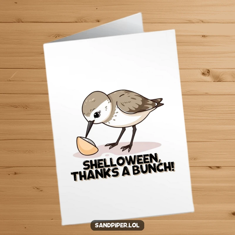 Funny Free Printable Thank You Card: A sandpiper discovers a shell while pecking, looking pleased. Expressing gratitude with humor.